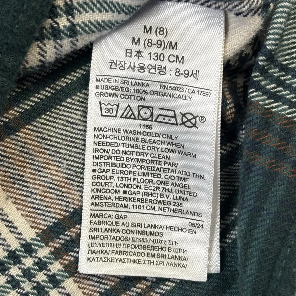 Gap Kids Medium (8) Dark Green Plaid Flannel Shirt Long Sleeve Boys Light Weight